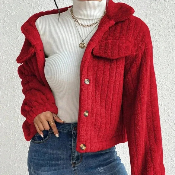 Red Casual Women's Plush Flap Jacket - Picture 3 of 6